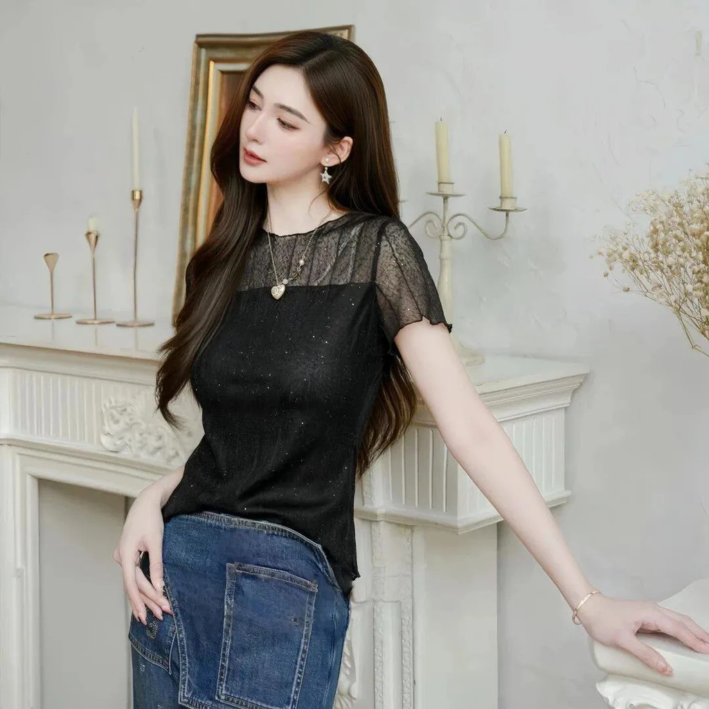 ส่งไวจากไทยBreezeS-2XL          ลูกไม้เลื่อมแขนสั้นฤดูร้อนใหม่ผู้หญิงเกาหลีขนาดพอดีหลวมสั้นเสื้อยืดสำหรับผู้หญิง