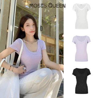 < MOSESQUEEN > เสื้อตัวเต็มตัวแขนสั้น คอต่ำ แบบยีนส์ สำหรับสาวๆ รุ่นย้อนยุค "ล่าเมย์" เสื้อสไตล์แฟชั่น ใส บาง และสีเดียว ที่เหมาะกับฤดูร้อน #62986