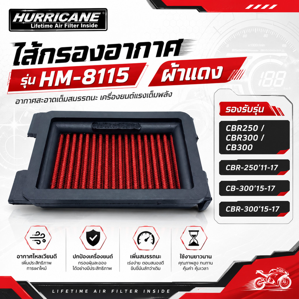 Huricane ไส้กรองอากาศ CBR250-300 CB300  HM-8115 CBR-250'11-17 CB-300'15-17 CBR-300'15-17 (ผ้าแดง)