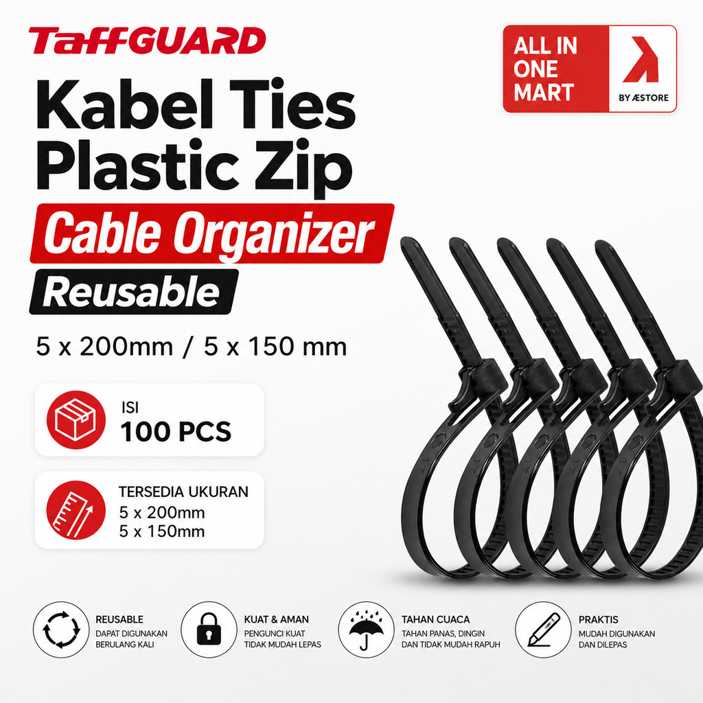 ทาฟการ์ด ที่เก็บสายไฟแบบซิปพลาสติกแบบใช้ซ้ําได้ 5 x 200 มม. / 5 x 150 มม. - จํานวน 100 ชิ้น - Z815