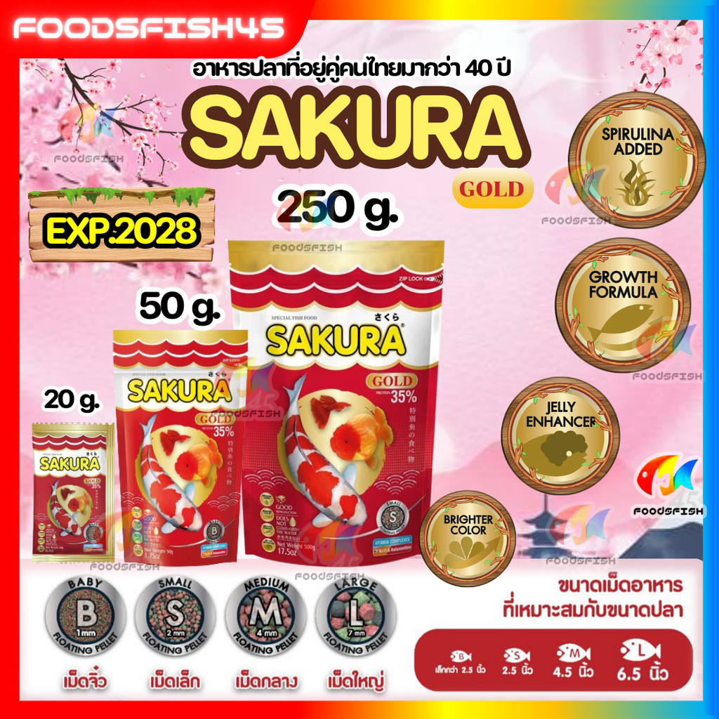 ล็อตใหม่ EXP.2027 อาหารปลาซากุระ Sakura Gold ขนาด 50g. สำหรับปลาหางนกยูง ปลาบอลลูน เร่งโต+เร่งสี