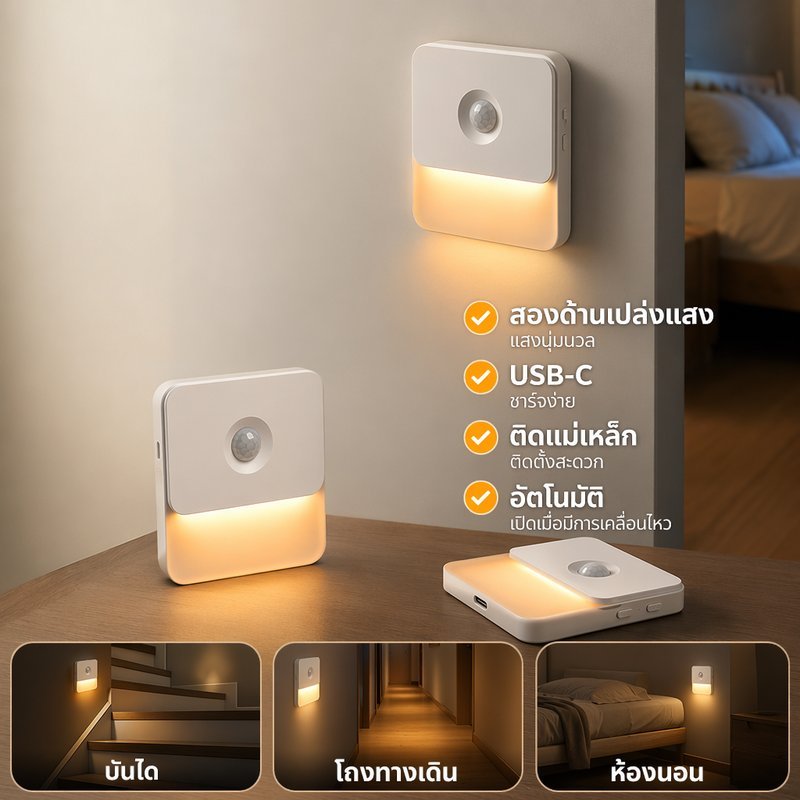 ไฟกลางคืนเซ็นเซอร์ LED ติดแม่เหล็ก ชาร์จ Type C เปิดอัตโนมัติ แสงนุ่มนวล สองด้าน ทางเดิน บันได