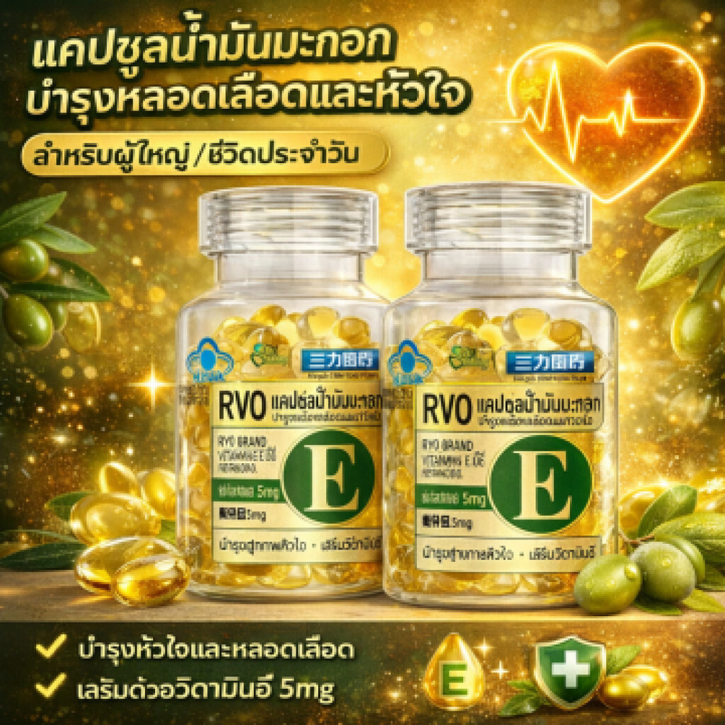 นำ่มะกอกแคปซูลบำรุงหลอดเลือดและหัวใจ วิตามินอี แคปซูลโภชนาการ/ เสริมวิตามินอี เสริมสร้างสุขภาพโดยรวม/ สำหรับผู้ใหญ่ ชายหญิง ใช้ประจำวัน/ ป้องกันความดันโลหิตสูง บำรุงสุขภาพหัวใจ