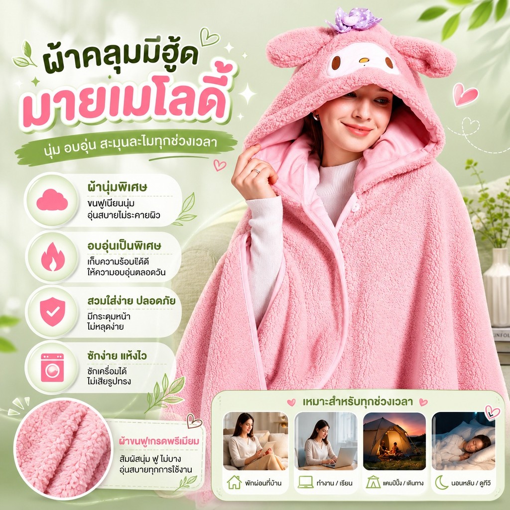 ผ้าห่มมีฮู้ด ผ้าห่มนอนมีฮู้ด 100x100ซม นุ่มสบาย หนา นุ่ม หมวกมีหูการ์ตูนน่ารัก  A00299