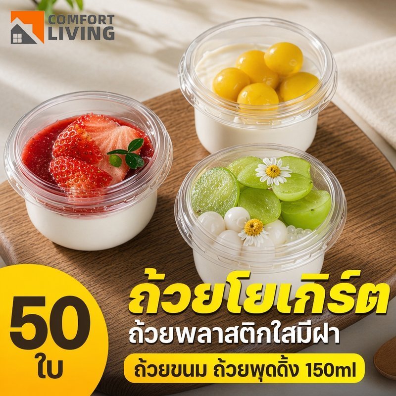 ถ้วยโยเกิร์ต ถ้วยพุดดิ้ง PET ใส พร้อมฝา 150ml 50 ใบ ถ้วยขนมหวาน ถ้วยมูส ใช้แล้วทิ้ง ร้านเบเกอรี่