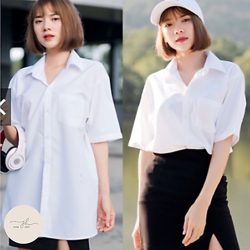 เสื้อนักศึกษาหญิง เสื้อนิสิต สีขาวสว่าง/ขาวนวล เสื้อนิสิตนักศึกษาทรงบอย ผ้าไมโคร ใส่สบาย
