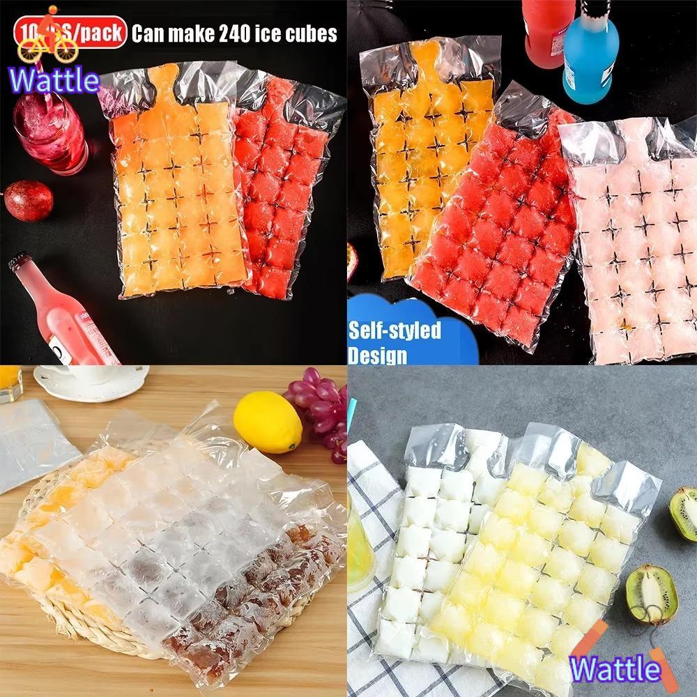 WATTLE 10PCS ถุงทําน้ําแข็งแบบใช้แล้วทิ้ง, ถุงน้ําแข็งก้อนตาข่ายแบบพกพา, กินได้แช่แข็งปิดผนึกด้วยตนเองโปร่งใส Ice Mould DIY ดื่ม