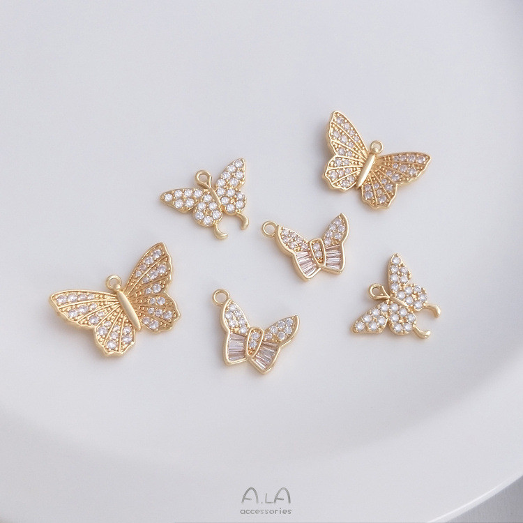 สี Retention 14K Gold-Covered Micro-Inlaid Zircon สามมิติจี้ผีเสื้อแฟชั่นสไตล์ใหม่ Handmade diy สร้อ