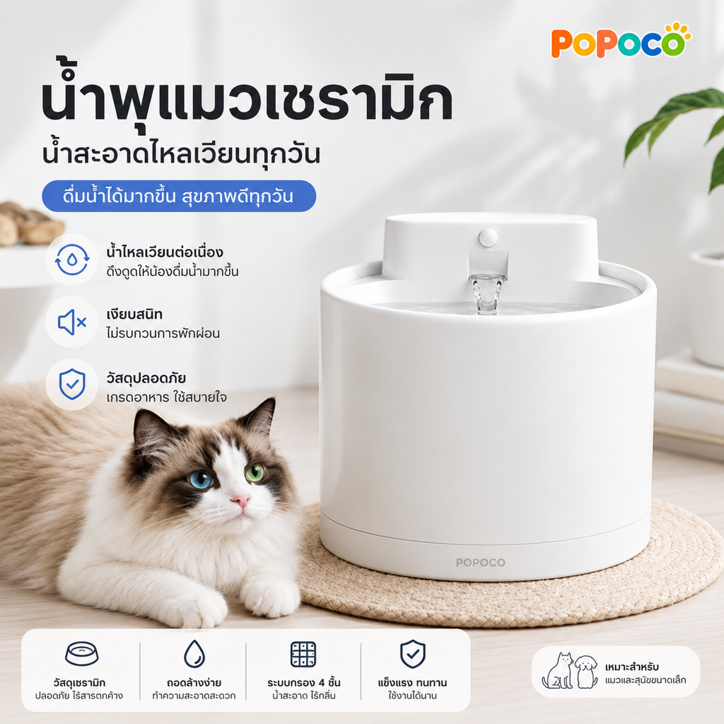 【POPOCO】น้ำพุแมวไร้สาย 2.5L เซรามิกพรีเมียม เซ็นเซอร์อัตโนมัติ 120° แบตเตอรี่ 4400mAh เสียงเงียบ กระตุ้นการดื่มน้ำ