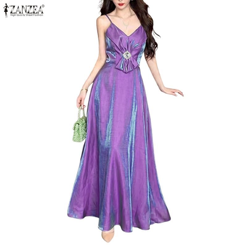 ZANZEA ผู้หญิงชุดราตรีเกาหลี V คอเพชร Embellish Bows ออกแบบแขนกุดผ้ามัน Maxi Slip Dresses — صورة 6