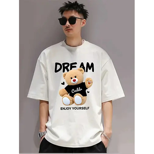 เสื้อยืดโอเวอร์ไซส์สีฟ้าสดใส ลายหมีการ์ตูนน่ารัก สไตล์แฟชั่นเกาหลี เทรนด์ฮิต ใส่สบาย ลุคสตรีทมินิมอล