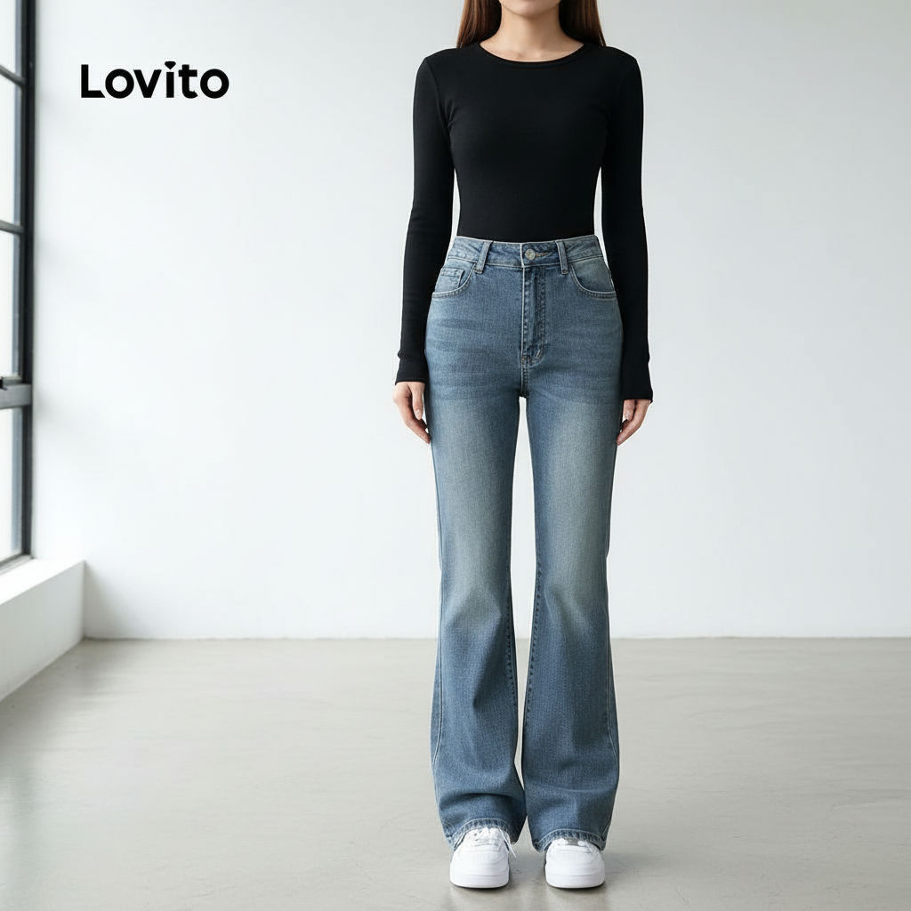Lovito กางเกงยีนส์ผู้หญิง ทรงลําลอง สีฟ้ายีนส์ เหมาะกับทุกฤดู L166AD052