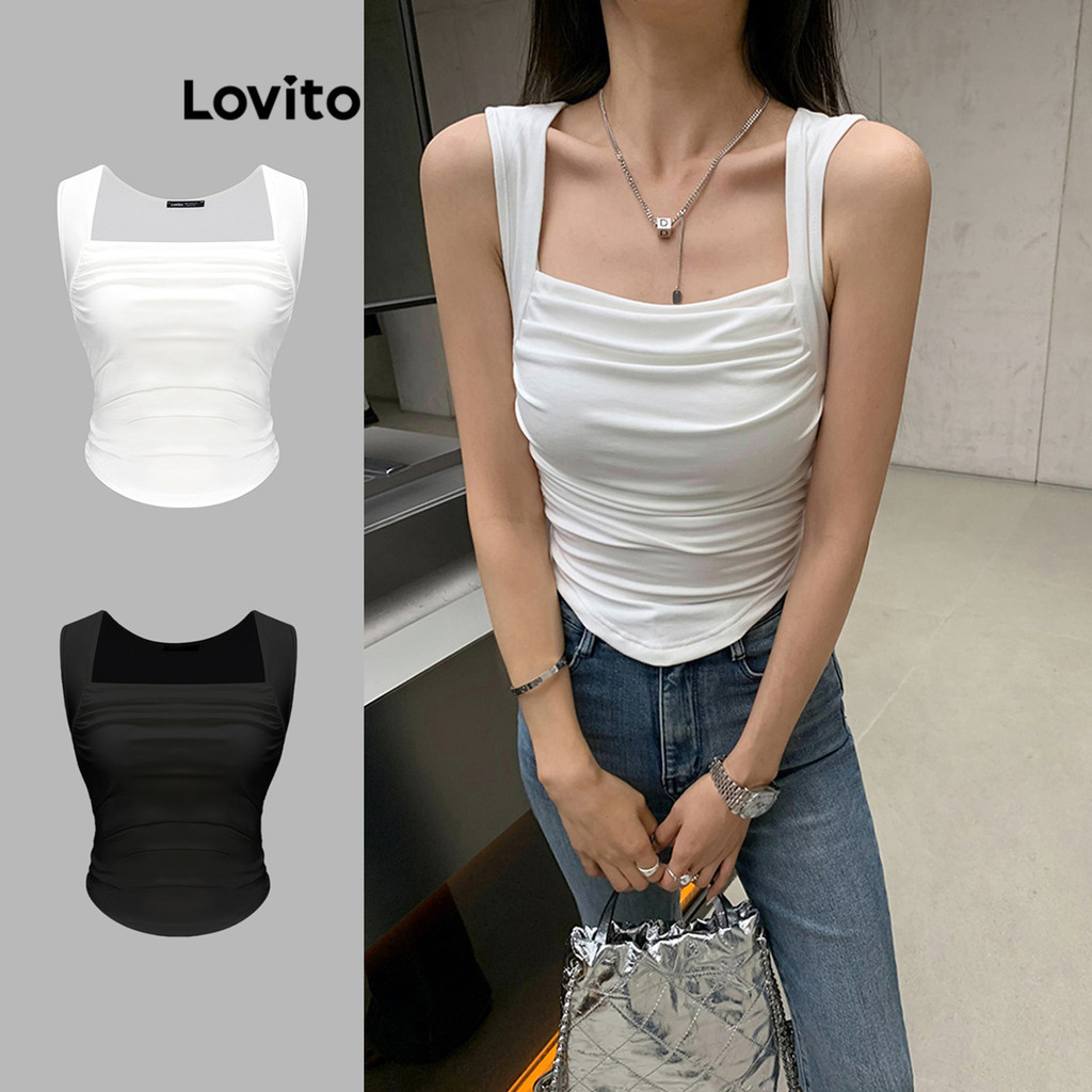 (KOL‘s pick) Lovito แคชชวล เสื้อแขนกุด ชายพริ้วยาวไม่เท่ากัน จับจีบ สีพื้น สไตล์ สำหรับผู้หญิง L62ED045 (สีขาว/สีดำ)