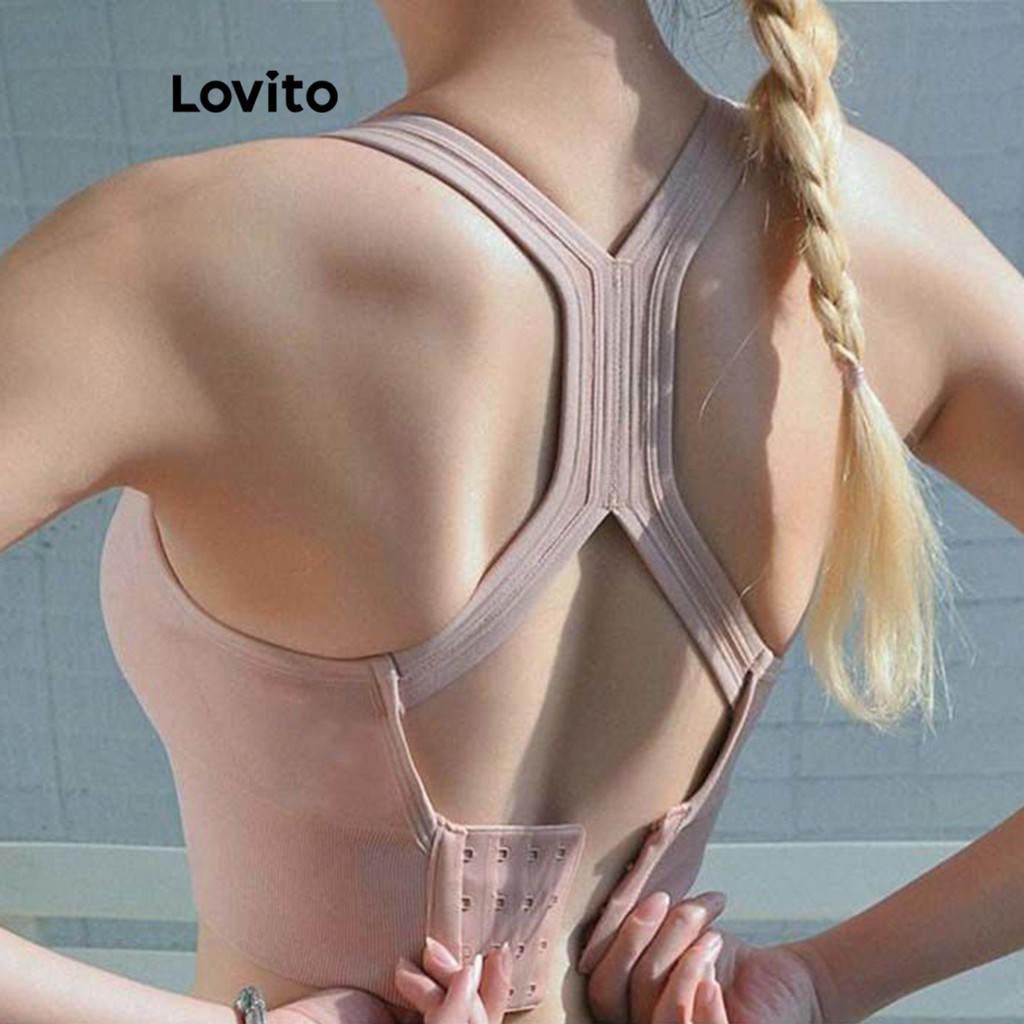 Lovito แคชชวล สปอร์ตตี้เสื้อชั้นในกีฬาสีพื้นไม่มีสายผูกหลังไขว้Sports Bras สําหรับผู้หญิง LNL47047