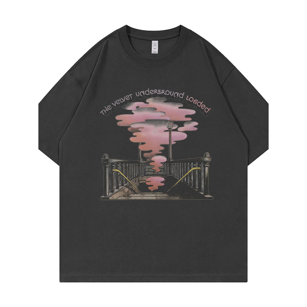 วงกํามะหยี่ใต้ดิน Retro American Street vtg Dropped ไหล่หลวมผ้าฝ้ายรอบคอสีดําสีเทา Rock เสื้อยืดแขนส