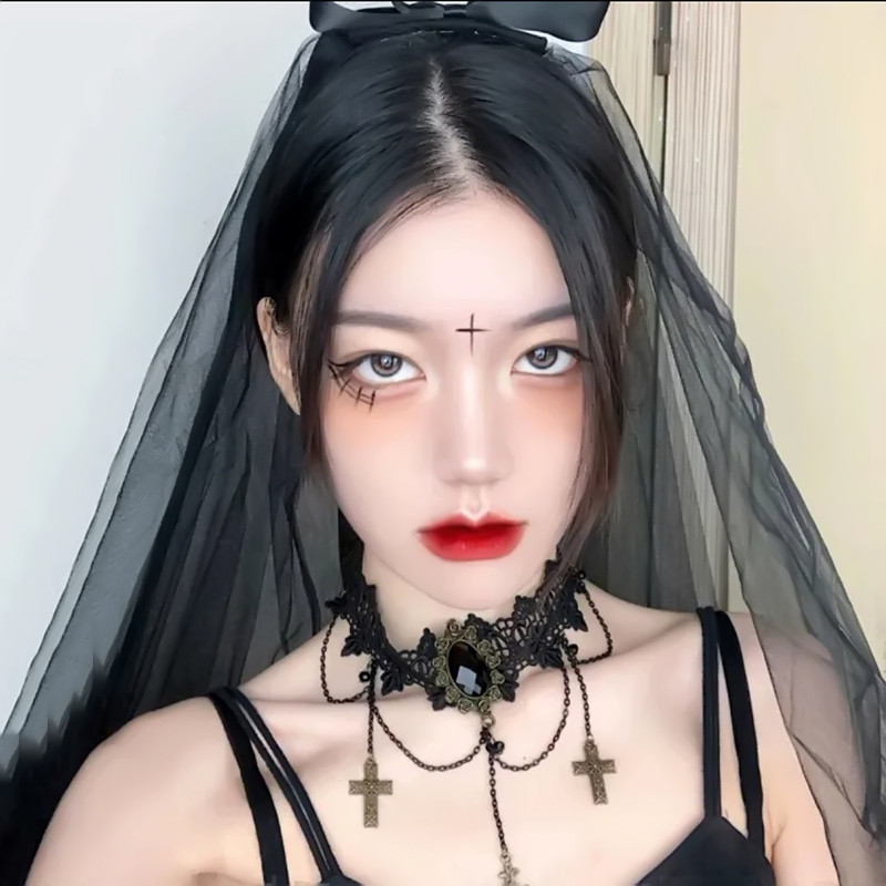 Lolita อุปกรณ์เสริม Dark Clavicle Chain Gothic Cross สร้อยคอลูกไม้สีดํา Abi เครื่องประดับผู้หญิง
