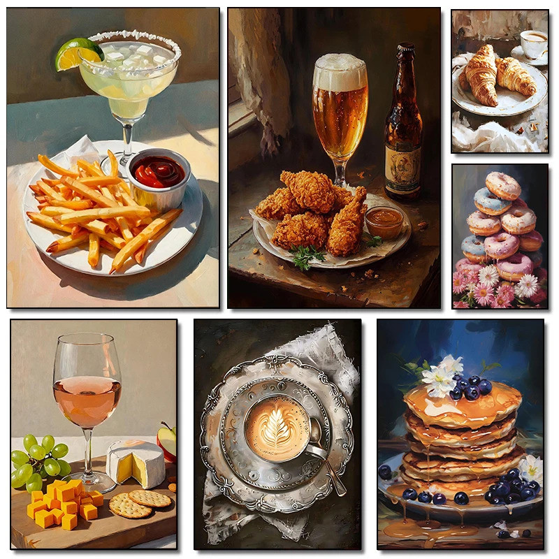 Vintage Still Life อาหารอร่อย Burger Fries Donut ขนมปังกาแฟโปสเตอร์ผ้าใบภาพวาด Wall Art ภาพห้องครัวต