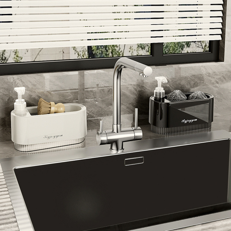 เครื่องจ่ายสบู่เหลวล้างจานในครัวพร้อมที่ใส่ฟองน้ำ เครื่องจ่ายสบู่เหลวแบบปั๊ม 2-in-1 บนเคาน์เตอร์สำหรับอ่างล้างจานในครัว - รูปที่ 4