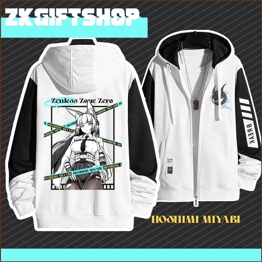 เสื้อคลุมซิปมีฮู้ดวาดด้วยมือ (BH2 Zenless Zone Zero ZZZ Hoshimi Miyabi)