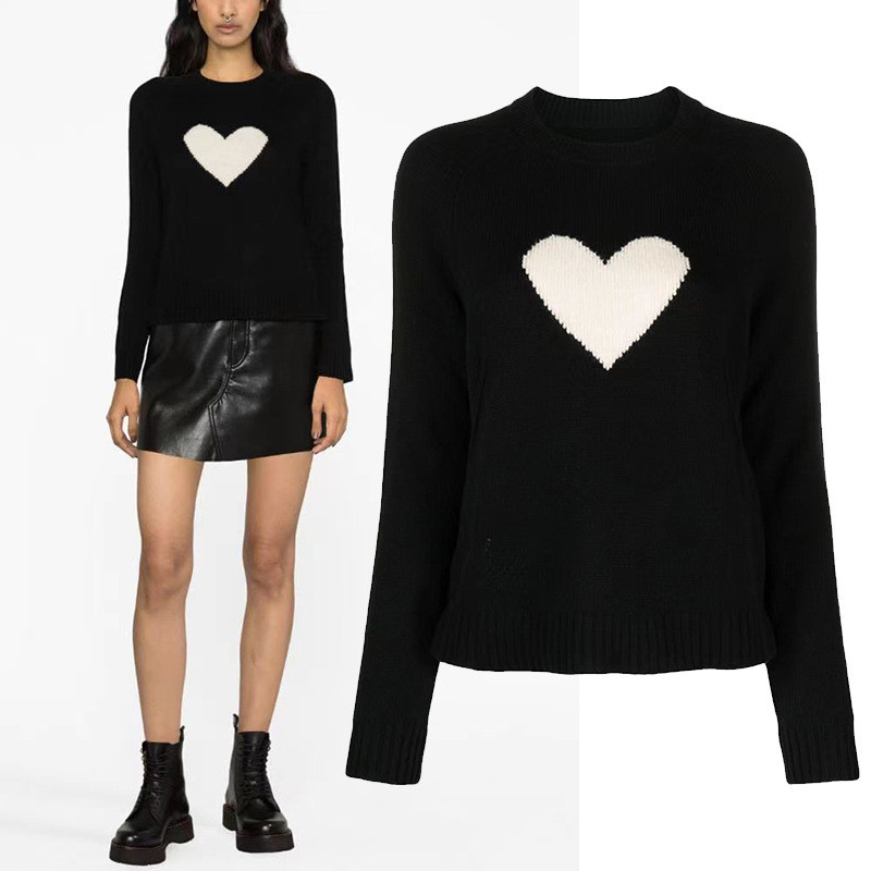 NRMD ZADIG&VOLTAIRE 23Autumn and Winter New French Niche Heart Pattern Slim Fit100Cashmere Black Wom
