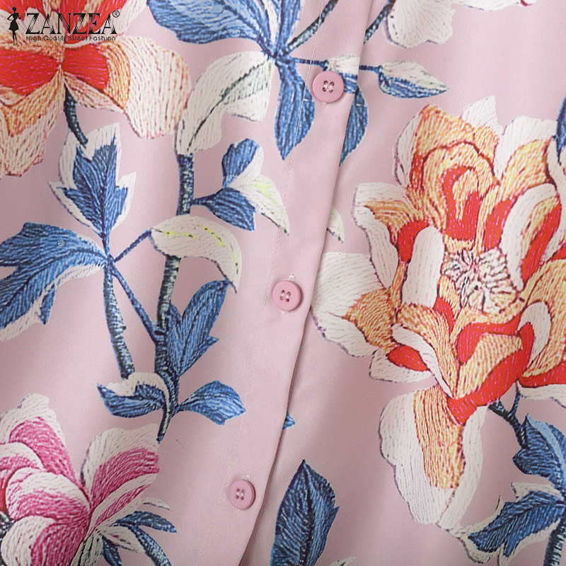 ซานเซีย วินเทจหรูหรา พิมพ์ลายดอกไม้ แขน3/4 เสื้อยืนปุ่มขึ้นสำหรับผู้หญิง - รูปที่ 7