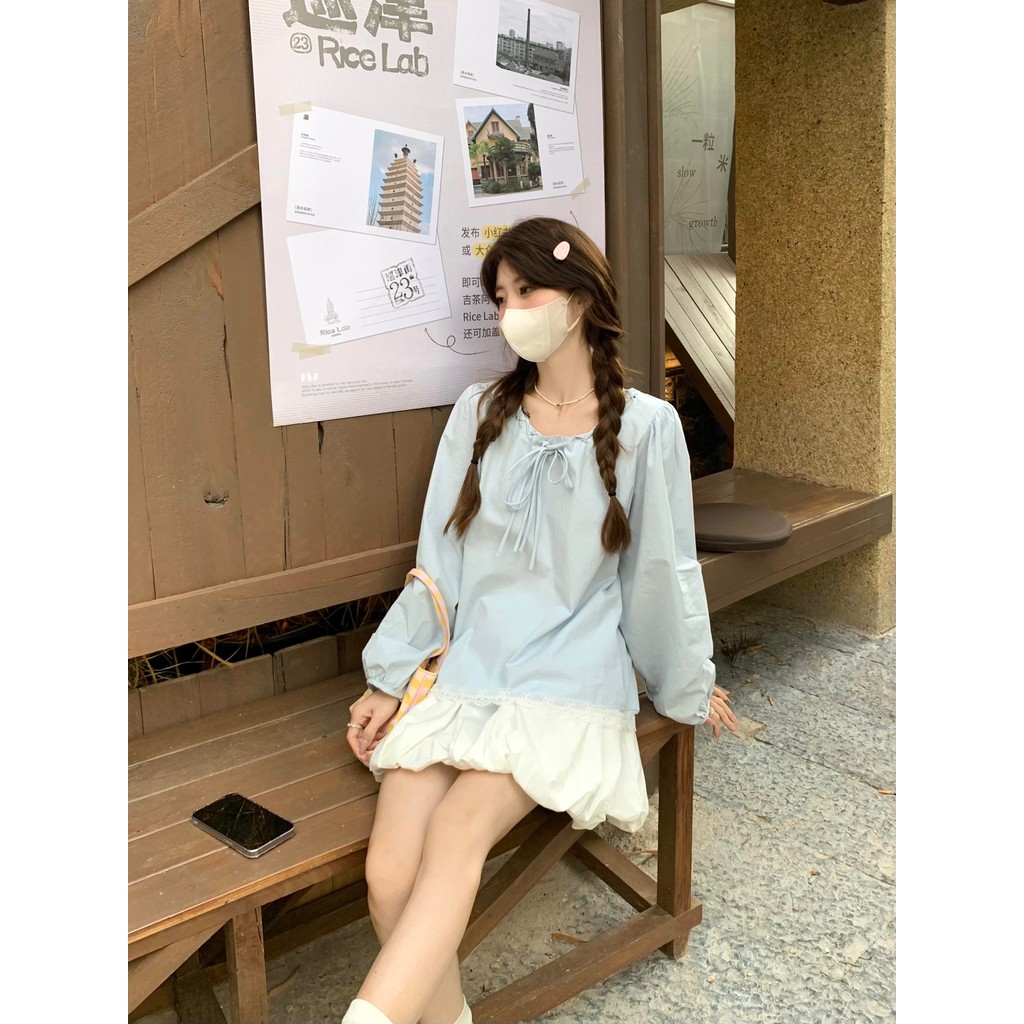 Chili Koko เสื้อเชิ้ตแขนยาวทรงหลวมผูกโบว์คอแฟชั่นสไตล์เกาหลี เสื้อแขนยาวชายลูกไม้ เสื้อผ้าน่ารักๆใส่ไปเที่ยว W649 - รูปที่ 6