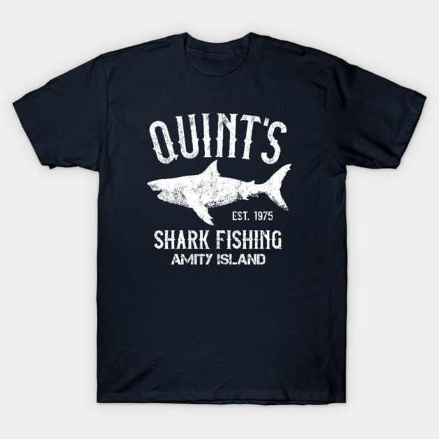 เสื้อยืด Vintage Quint's Shark Fishing - Amity Island 1975 Vintage T-Shirt T-Shirt แท้ Cotton 100%