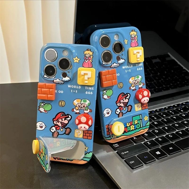พร้อมตัวยึดกระจกเคสโทรศัพท์พีซีกันกระแทกเคสแข็งฟิล์มเคสป้องกันเหมาะสําหรับiPhone 11 12 13 14 Pro 15 16 Pro max 14 15 16 7 8 6 plus x xs xsmax 12 13 Miniน่ารัก 3d สติ๊กเกอร์สเตอริโอมาริโอมูลค่าสูง