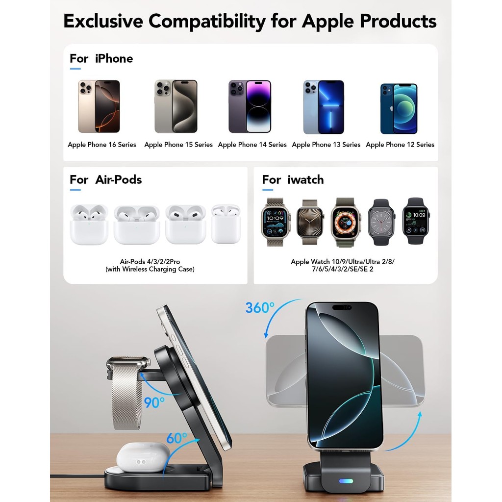 สถานีชาร์จไร้สาย 3 in 1 เข้ากันได้กับ Apple,เครื่องชาร์จแม่เหล็กไร้สายสําหรับ iPhone 16/15/14/13/12,