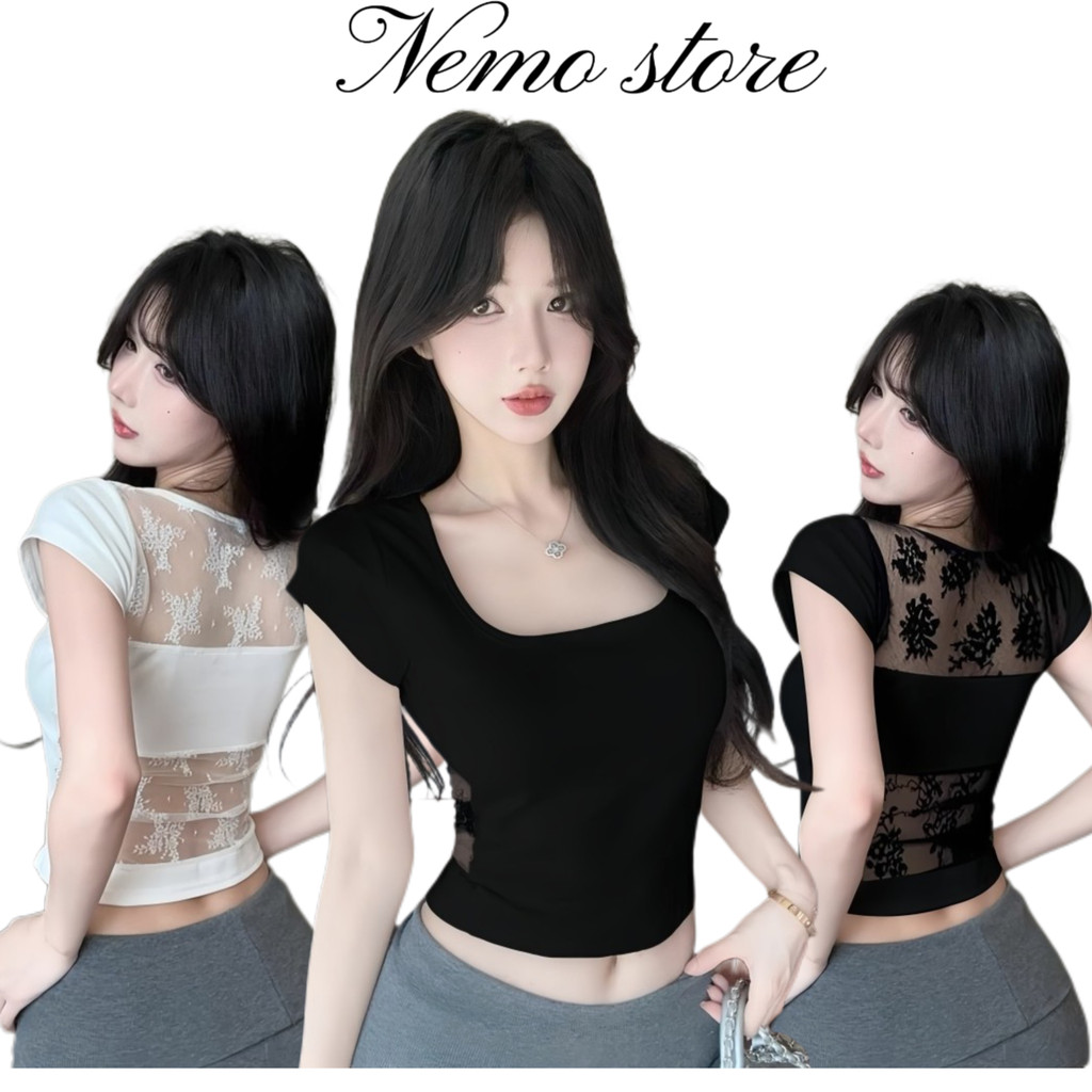 Nemo store🌸#FYA17 เสื้อยืดครอปแขนสั้น ดีเทลซีทรูลูกไม้ น่ารักไม่ไหวสีพื้น ใส่สบายมาก