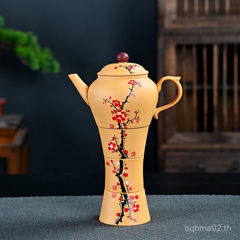 สีเหลือง Duanmu Zisha กาน้ําชา Stackable Teacup กาน้ําชา Creative Kung Fu ชุดชาสไตล์จีนกาน้ําชามือวา