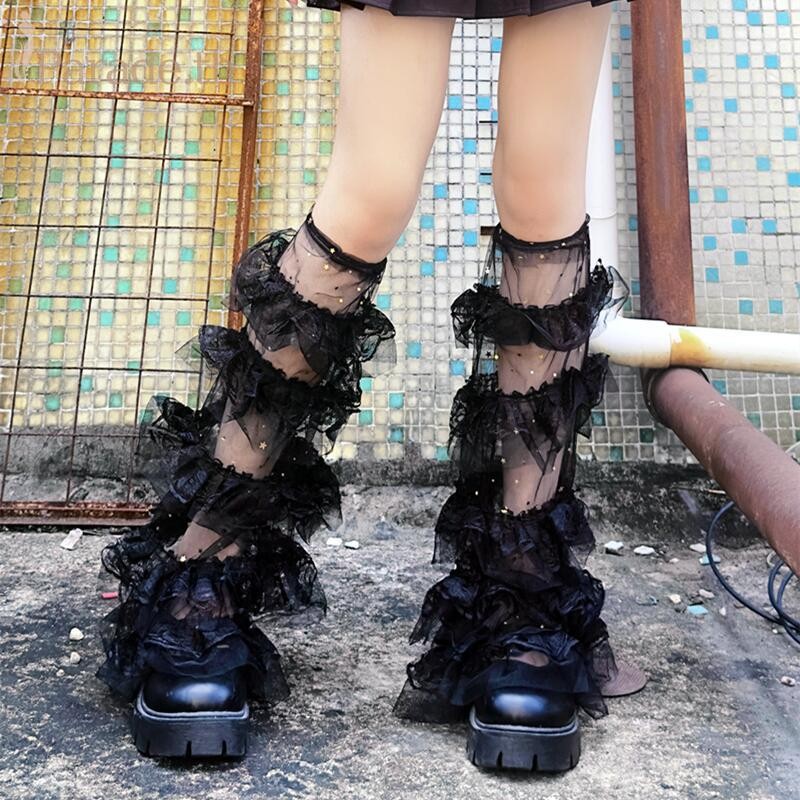 Parade ผู้หญิงชั้นตาข่าย Ruffle ขาอุ่นต้นขาถุงเท้าสูงความงาม Y2K Chic ถุงน่องขา Cuffs ฝาครอบ Streetw
