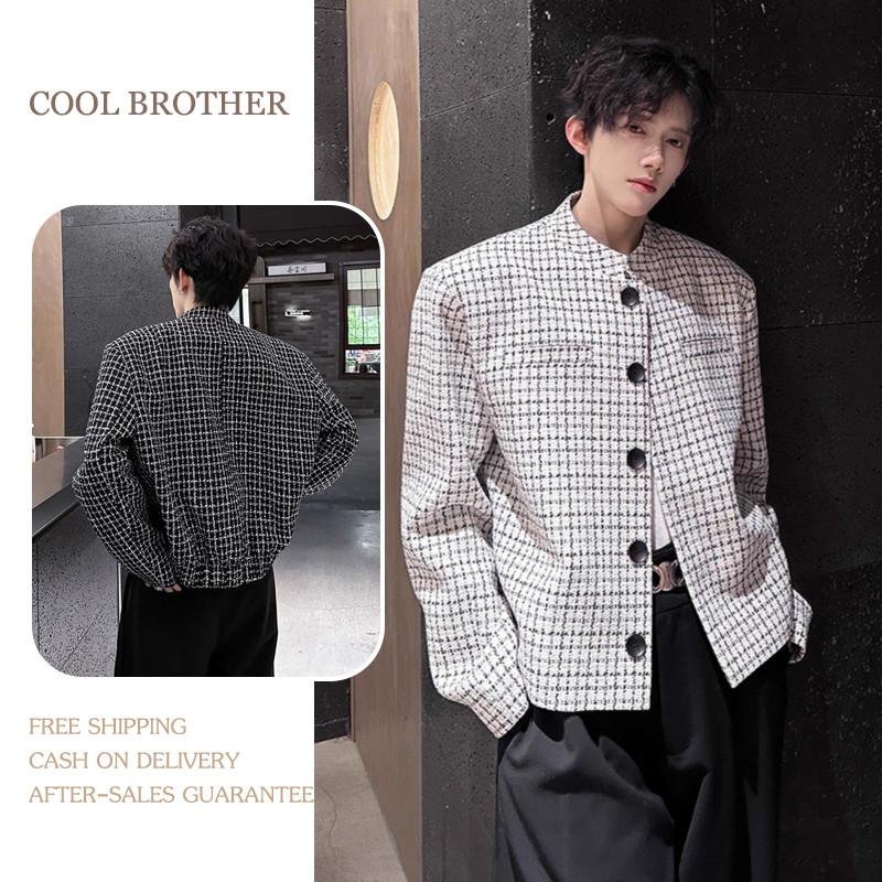 [COOL BROTHER]เสื้อโค้ทผู้ชายฤดูใบไม้ผลิและฤดูใบไม้ร่วงสั้นพันนกตารางความรู้สึกระดับไฮเอนด์เย็นและหล่อสวมใส่ยืนขึ้นปกด้านบนแจ็คเก็ตผู้ชาย