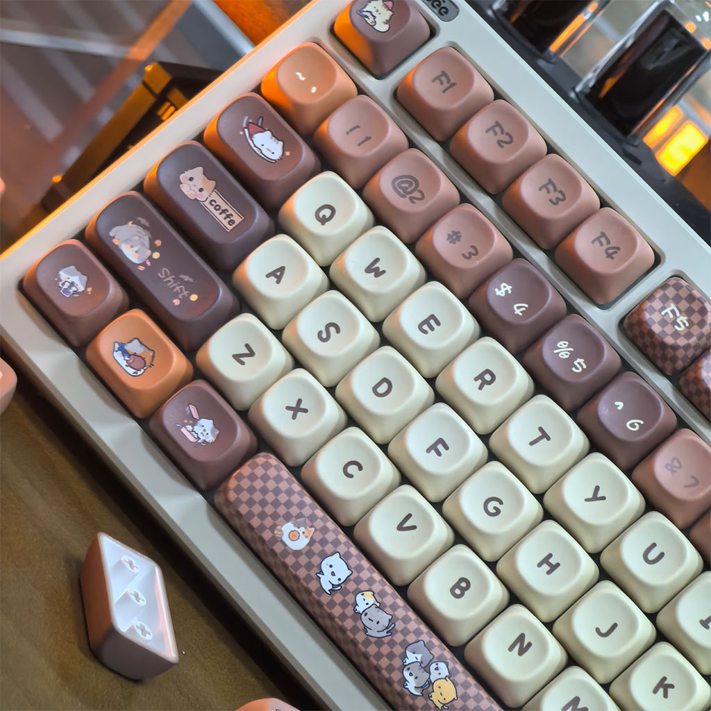 กาแฟ Cat Keycaps 120 คีย์ MOA โปรไฟล์ PBT Dye Sublimation Wooting Aula F75 RK100 Mechanical Keycaps 