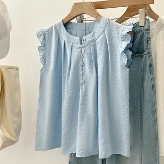 🌻Grace🌻 เสื้อแฟชั่นผู้หญิงไม่ต้องรีด เสื้อเชิ้ตคอกลมแขนกุด สีพื้น ตกแต่งกระดุม เสื้อครอปน่ารักๆสไตล์คุณหนู W641