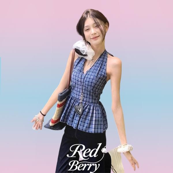 Red Berryเสื้อกั๊กคอวีลายสก็อตวินเทจสำหรับผู้หญิง หน้าร้อน เปิดหลัง เหมาะกับการไปเที่ยวพักผ่อน99190