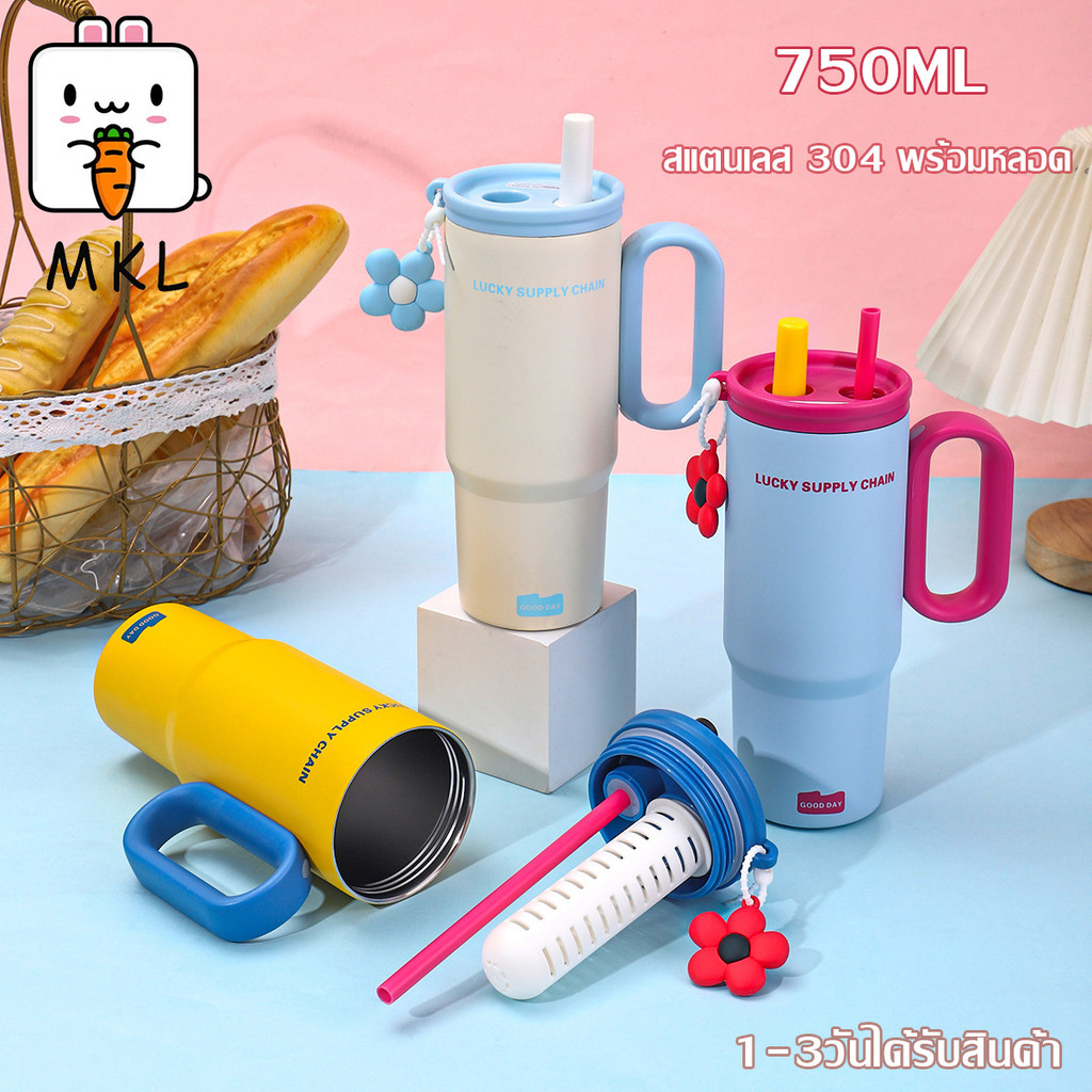 🔥พร้อมส่ง🔥แก้วเก็บความเย็น ฟางถ้วยเก็บความร้อน จุขนาดใหญ่ 304สแตนเลส 750มล. แก้วเก็บความเย็นสีมาการอง พร้อมหลอด