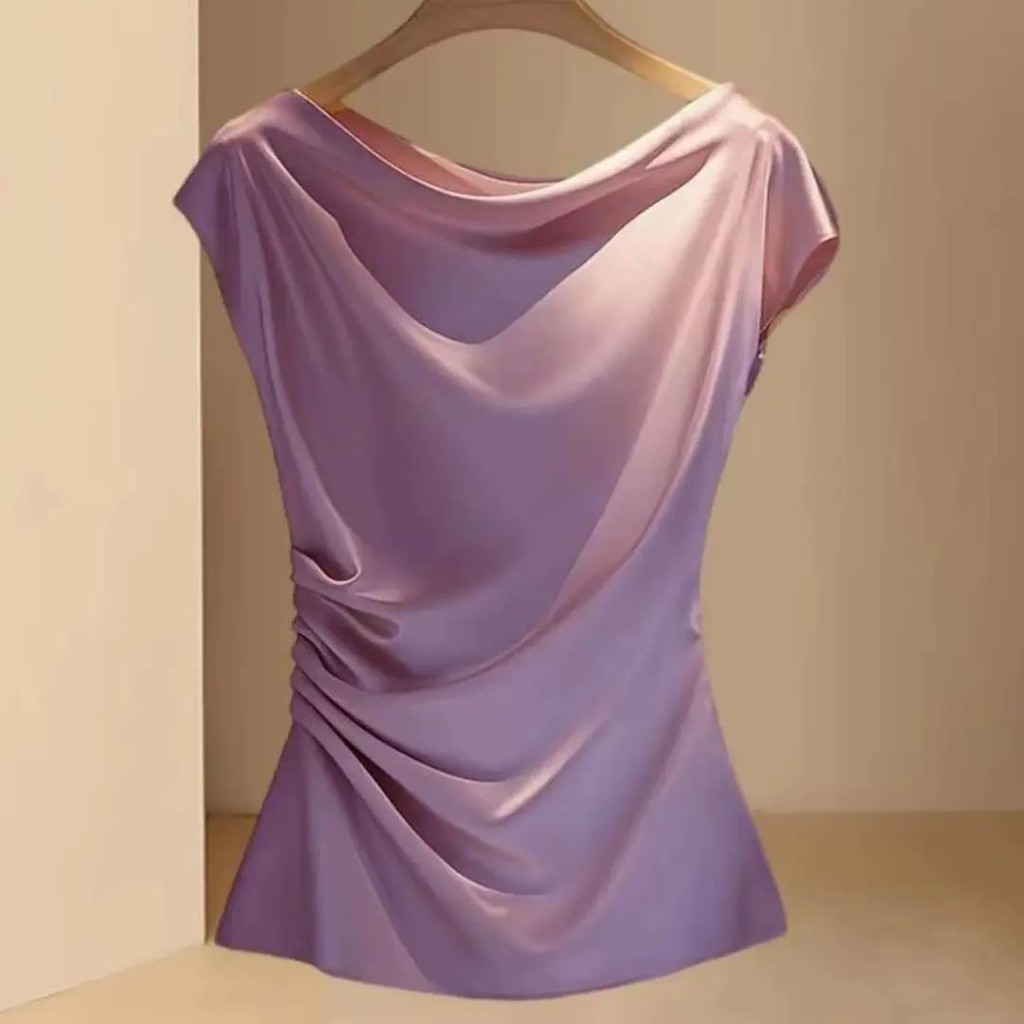 ฝรั่งเศสฤดูร้อนสไตล์ใหม่เฉพาะสวิงคอปกระดับไฮเอนด์แขนสั้นเสื้อยืดผู้หญิงสลิมฟิตที่เรียบง่ายทุกการแข่งขันสไตล์ตะวันตกจีบด้านบน