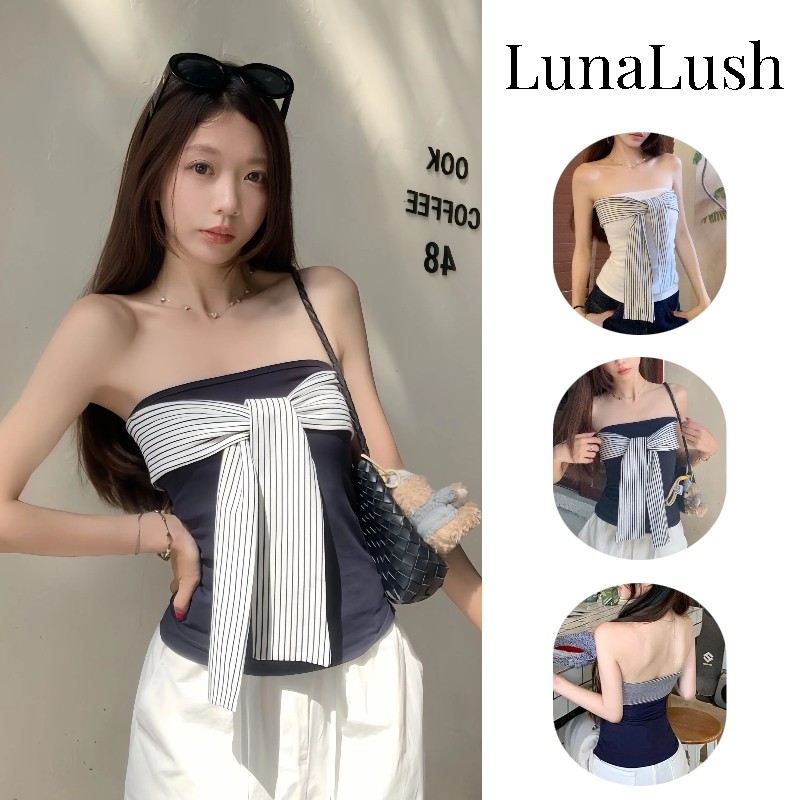 LunaLush✨พร้อมส่ง เสื้อแขนกุด มีฟองน้ำ ดีเทลแต้งโบว์ลายทาง สไตล์เกาหลี"FY5561"