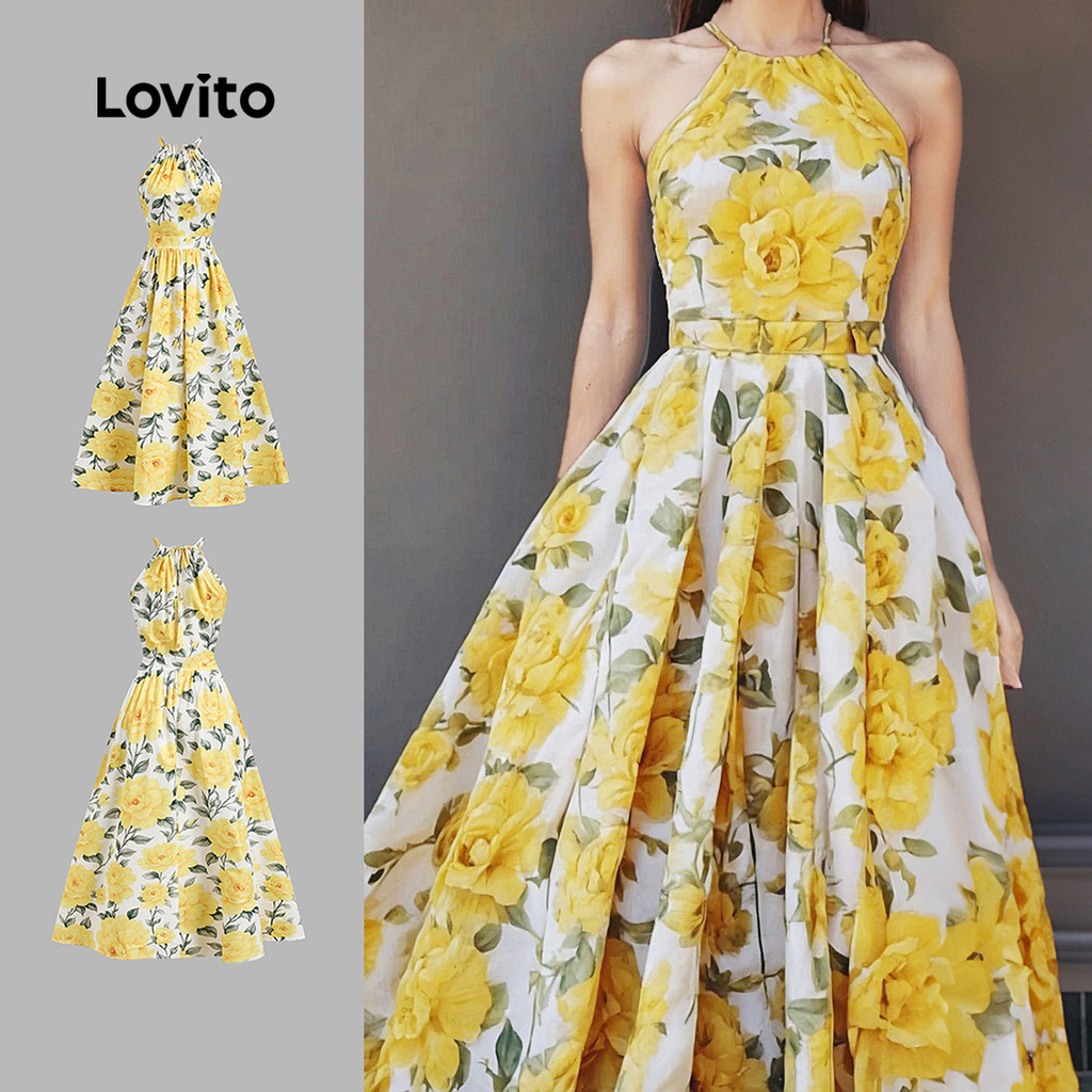 Lovito ชุดเดรสคริสต์มาส/ปาร์ตี้สุดโรแมนติก ลายดอกไม้ผูกหลัง เดรสฤดูใบไม้ผลิ/ฤดูร้อนสำหรับผู้หญิง L150ED477
