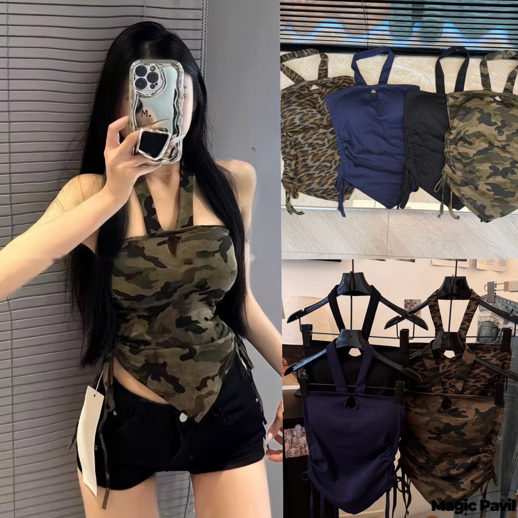 【Magic】พร้อมส่ง | เสื้อไม่มีแขน มีแผ่นเสริมอก เสื้อสายเดี่ยวสไตล์อเมริกันเรโทรใหม่ ลายพิมพ์สีเขียวทหาร FY5117