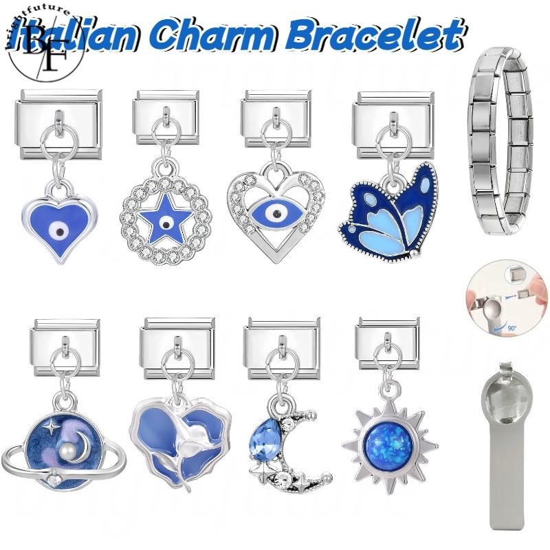 ชุดจี้สีฟ้าสไตล์อิตาเลียนพร้อมสร้อยข้อมือสแตนเลส ขนาด 9 มม. เหมาะสำหรับทำเองแบบเรโทร