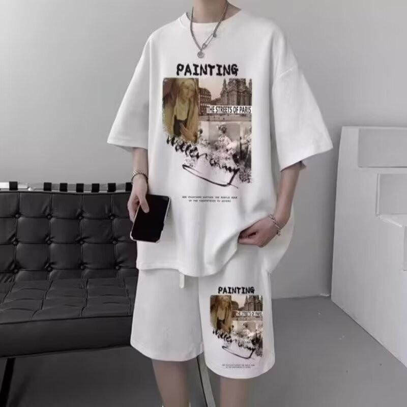 2025 NEW 2025 Waffle Casual Sports Set for Men American Style Plus Size Full Set Summer Short Sleeve