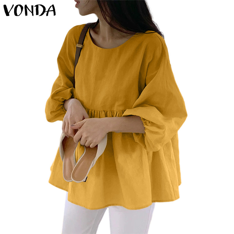 VONDA ผู้หญิงเสื้อลำลองสไตล์เกาหลี คอกลม แขนสาม_quarter เสื้อทรงเอทรงหลวมพร้อมจีบ