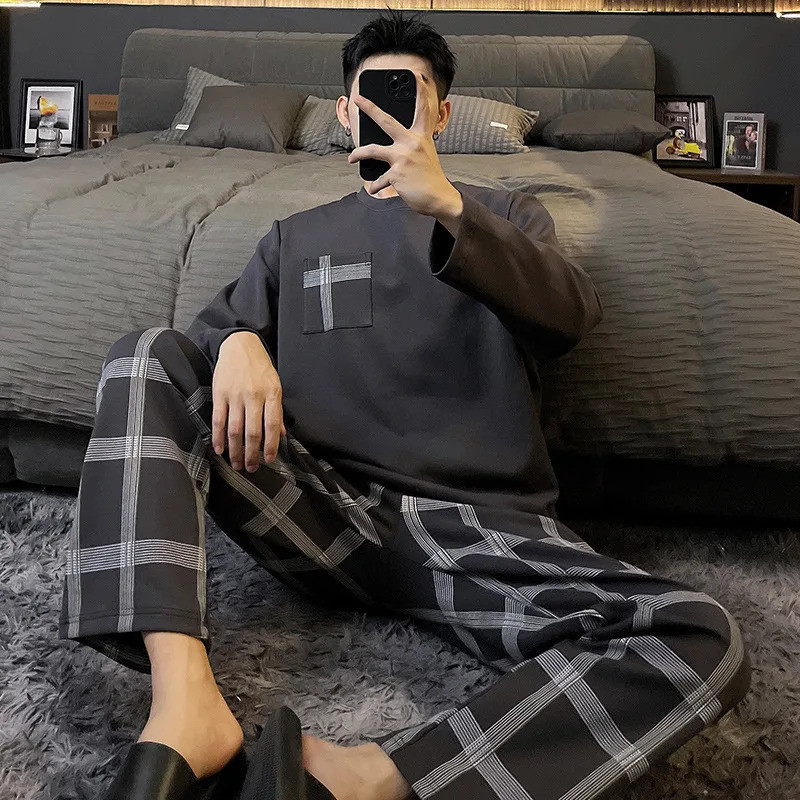 2 ชิ้นชุดชุดนอนผ้าฝ้ายสําหรับชายฤดูใบไม้ผลิและฤดูใบไม้ร่วงแขนยาว Sleeping Top Pant ชุดนอนสําหรับชายห