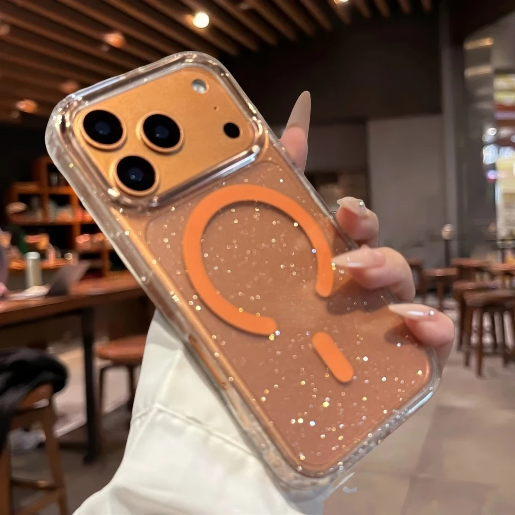 ซิลิโคนเคสแม่เหล็กกลิตเตอร์ใสสําหรับ iPhone 11 12 13 14 15 16 17 Pro Max Plus TPU เคสหลังแข็งกันกระแทก