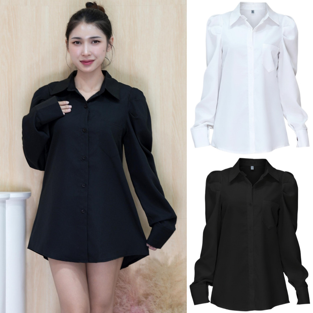 เสื้อเชิ้ตแขนยาว คอปก ทรงเรียบง่าย สไตล์ลำลอง ดีไซน์แขนทรงตุ๊กตา เก๋มาก ผ้าคอตตอน ใส่สบาย ทรงสวยเข้ารูป