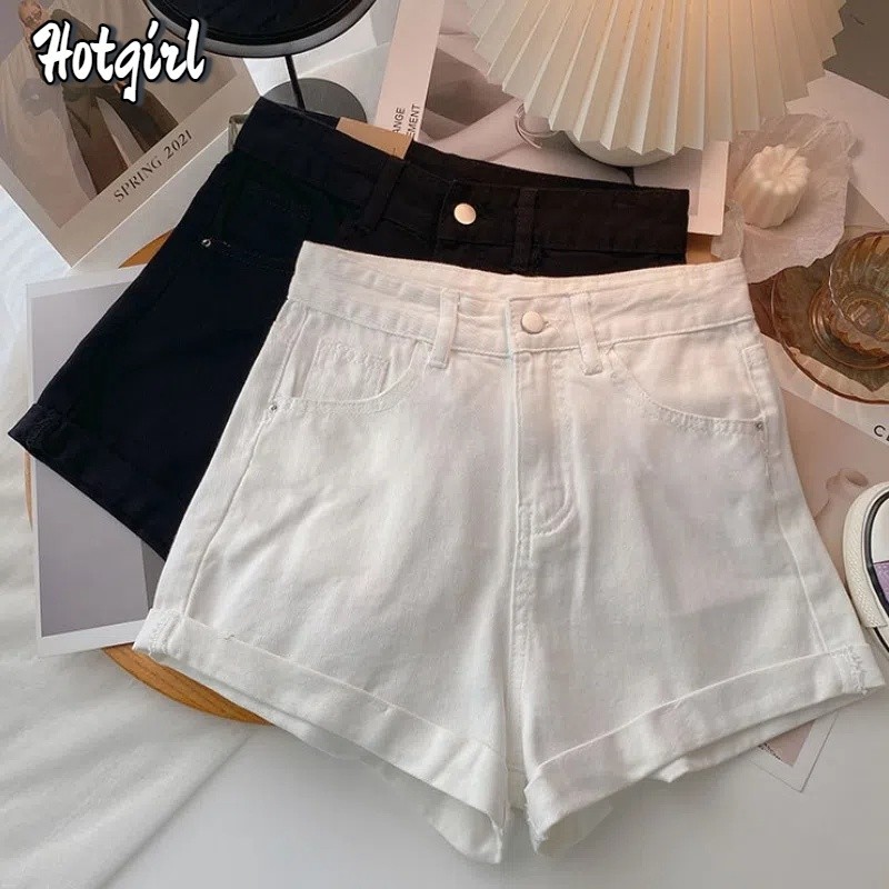 Hotgirl พร้อมส่ง ผู้หญิงเกาหลีกางเกงยีนส์ขาสั้น กางเกงยีนส์ขาสั้นเอวสูง S-XL สีพื้น ทรงสลิมฟิตพื้นฐาน แฟชั่นสไตล์แคชชวล
