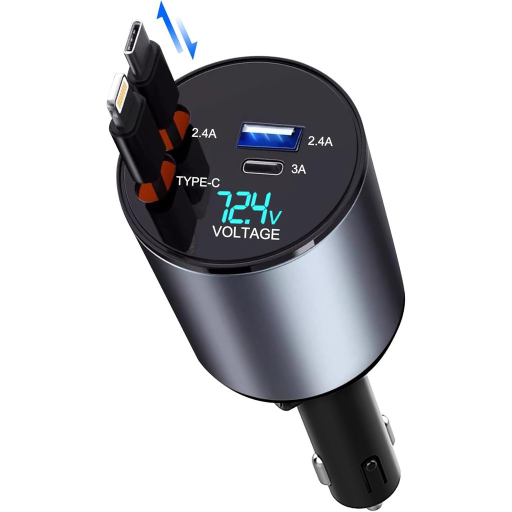 Retractable Car Charger 4 in 1 Fast Charge USB C Car Charger Adapter พร้อมสายหด 100W, รถชาร์จโทรศัพท