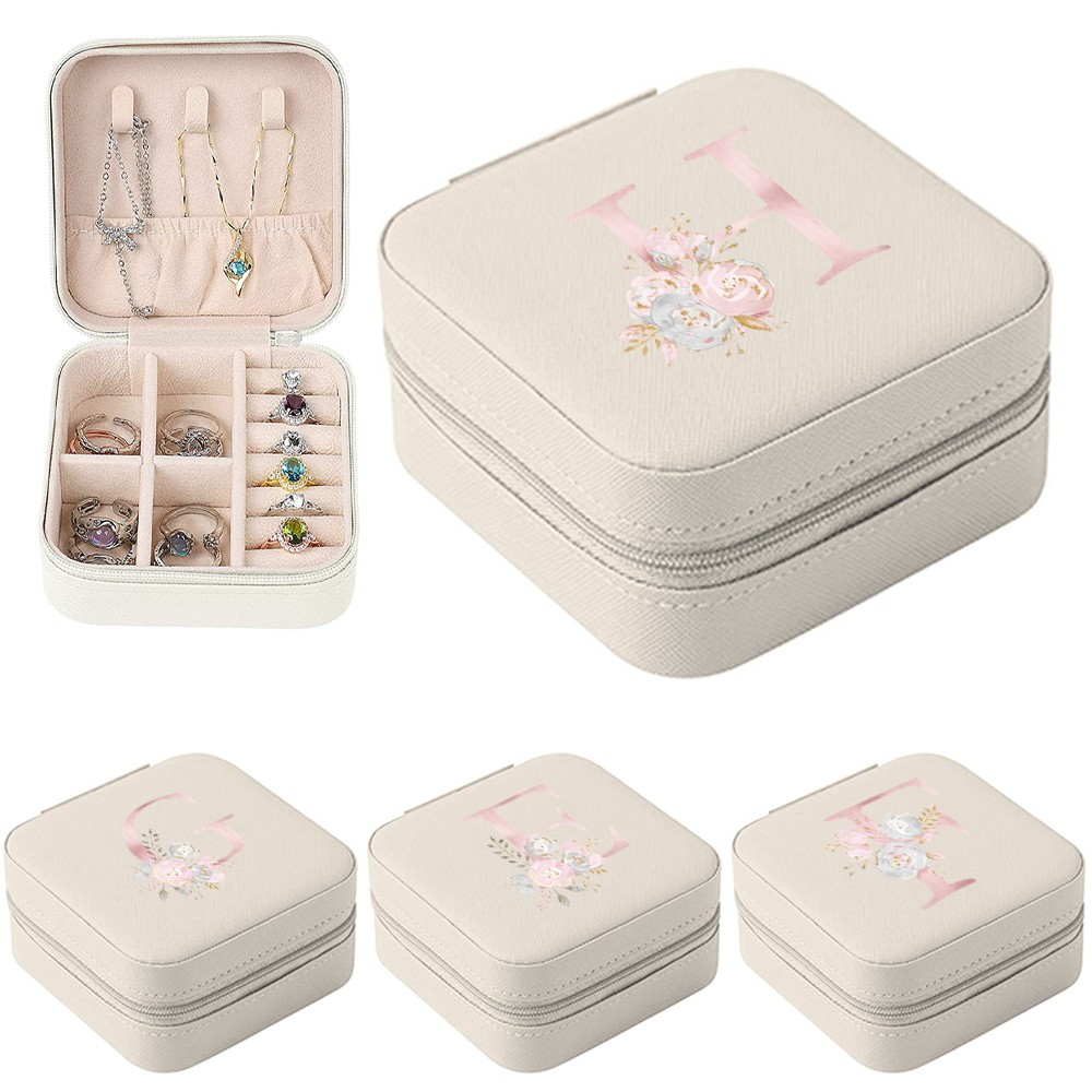 กล่องเก็บเครื่องประดับเดินทาง ต่างหู สร้อยคอ แหวน กล่องเครื่องประดับ ออแกไนเซอร์ เคส พิมพ์ตัวอักษรดอกไม้สีชมพู